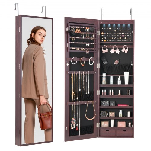 

VEVOR Mirror Jewelry Cabinet 47.05in Lockable Wall or Door Mounted Armoire Brown