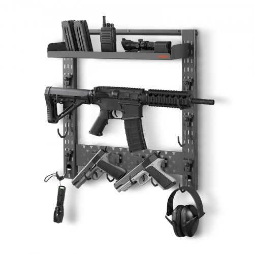 

VEVOR Gun Rack Wall Mount, Heavy Duty Steel, Indoor Rifle Shotgun Rack with J-Hooks, Additional Tray Storage, Gun Accessories Display Storage Holder, Hold Up to 3 Rifles or Shotguns, for Tactical Gear