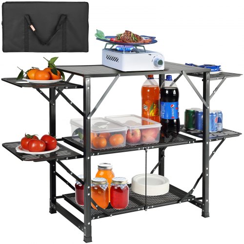 VEVOR Camping Kitchen Table, One-piece Folding Portable Cook Station With A Carrying Bag, Aluminum Camping Table 4 Iron Side Tables & 2 Shelves, Ideal