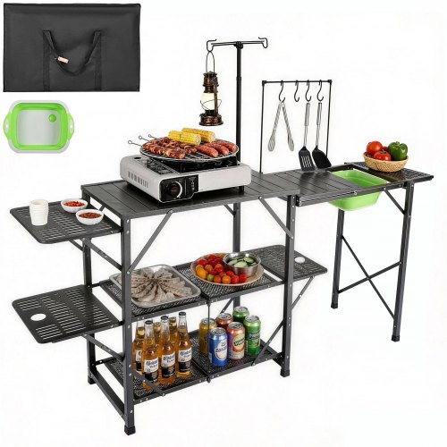 VEVOR Camping Kitchen Table, One-piece Folding Portable Cook Station with A Carrying Bag, Long Aluminum Camping Table 3 Side Tables, 2 Shelves & A Detachable Sink for Outdoor Picnics, BBQs, Camping