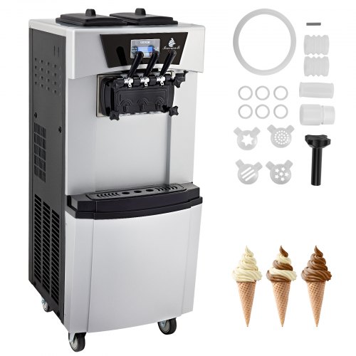 

VEVOR Commercial Ice Cream Machine, 20-30L/H Yield, 2+1 Flavors Soft Serve Machine w/ Two 7L Hoppers 1.8L Cylinders Puffing Pre-Cooling Shortage Alarm, 2450W Frozen Yogurt Maker for Snack Bar Café