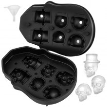 VEVOR Skull Ice Cube Tray, 6-Grid Skull Ice Ball Maker, Flexible Black Silicone Ice Tray with Lid & Funnel, Skull Ice Cubes in 3 Distinct Patterns for Beverages & Chocolates on Parties & Holidays