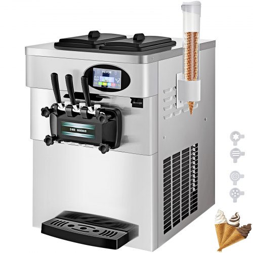 VEVOR 2200W Commercial Soft Ice Cream Machine 3 Flavors 5.3 to 7.4Gallons per Hour PreCooling at Night Auto Clean LCD Panel for Restaurants Snack Bar, Silver