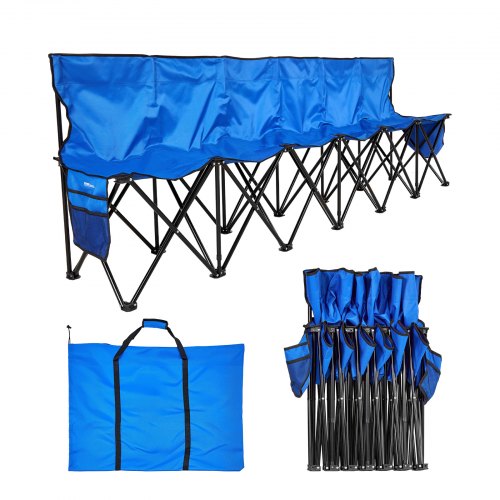 VEVOR Portable Folding Bench, 6 Seat Foldable Soccer Bench with Side Pockets and Carrying Bag, Lightweight Sideline Seating with Back Rest for Football, Baseball, Camping, Outdoor Events, Blue BKZDYDZY6SEADS118001V0