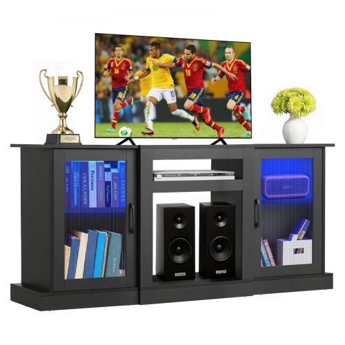 

VEVOR TV Stand for TVs up to 65 inch, Modern Entertainment Center with Light Strip, Wooden TV Cabinet Storage with Acrylic Doors and Adjustable Shelves, Console Table for Living Room and Bedroom, Black