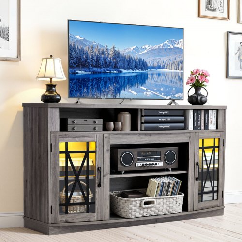 

VEVOR TV Stand for TVs up to 65 inch, Farmhouse Entertainment Center with Light Strip, Wooden TV Cabinet Storage with Glass Doors and Adjustable Shelves, Console Table for Living Room, Bedroom, Gray