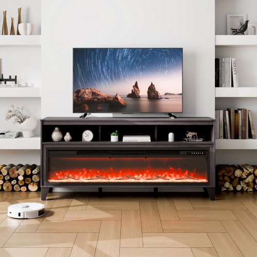 

VEVOR Fireplace TV Stand for TVs 66", Media Storage Corner with 60" Fireplace, Storage Drawers & Cabinets, Pastoral TV Console Table with 20 LED Lights, Remote Control and Timer for Living Room, Black