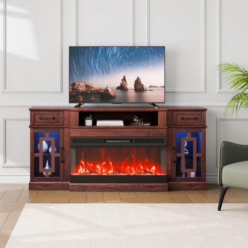 

VEVOR 80" Fireplace TV Stand with 20 LED Lights Remote Control & Timer Brown