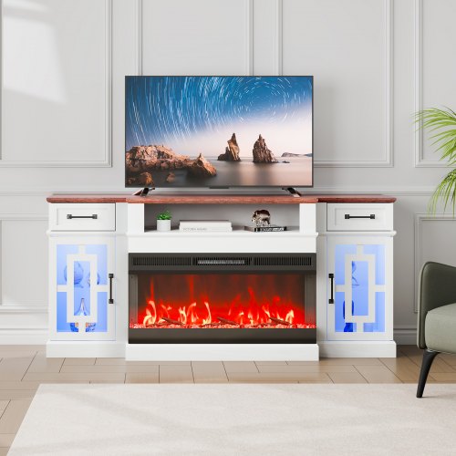 

VEVOR 80" Fireplace TV Stand with 20 LED Lights Remote Control & Timer Brown+White