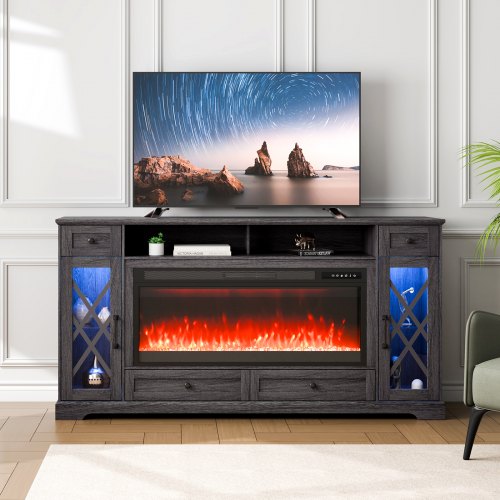 

VEVOR Fireplace TV Stand for TVs 70", Media Storage Corner with 42" Fireplace, Storage Drawers & Cabinets, Pastoral TV Console Table with 20 LED Lights, Remote Control and Timer for Living Room, Grey