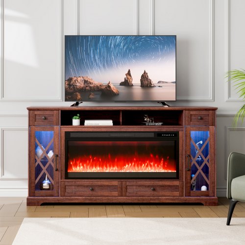 

VEVOR Fireplace TV Stand for TVs 70", Media Storage Corner with 42" Fireplace, Storage Drawers & Cabinets, Pastoral TV Console Table with 20 LED Lights, Remote Control and Timer for Living Room, Brown