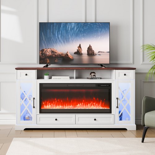 

VEVOR 80" Fireplace TV Stand with LED Light Remote Control & Timer Brown + White