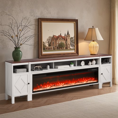 

VEVOR 100" Fireplace TV Stand with 20 LED Lights Remote Control and Timer White