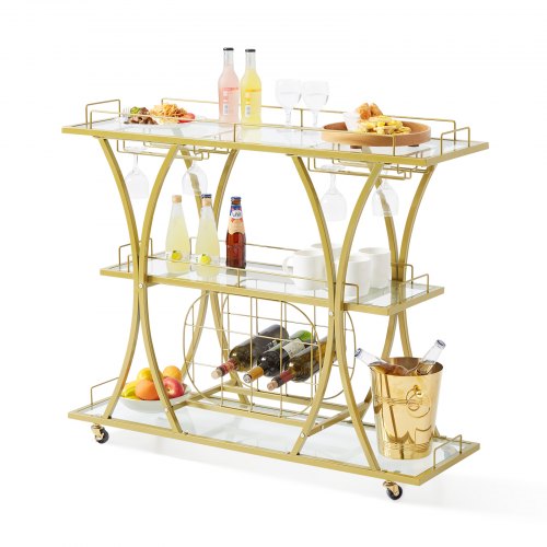 

VEVOR 3 Tiers Gold Metal Bar Serving Cart with Wine Rack Glass Holder 180 LBS