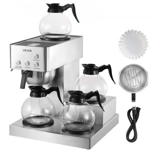 

VEVOR Commercial Drip Coffee Maker, 12 Cups Coffee-Maker Machine with 4 Glass Carafes and 4 Decanter Warmer Plates, Stainless Steel Drip Style Coffee Brewer, for Restaurant, Office, Coffee Shop & Home