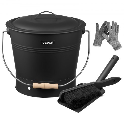 Vevor Ash Bucket, 4 Pcs With Lid, Shovel, Broom And Gloves, Metal Fireplace Charcoal Bucket And Ash Can, 2.6 Gal Large Capacity For Fireplace, Fire Pi-image