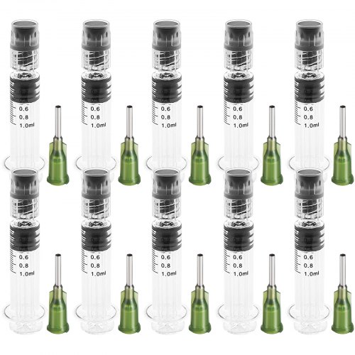 VEVOR 100 PCS Borosilicate Glass Luer Lock Syringe, 1mL, Reusable Glass Syringes with 14 Ga Blunt Tip Needles, for Lab, Vet, Art, Craft, Thick Liquids, Oil, Gel, Glue, Ink, Non Hypodermic