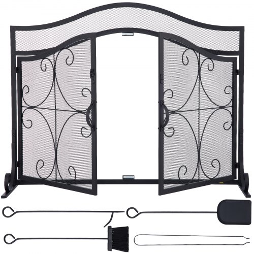 

VEVOR Fireplace Screen, 39 x 26.6 Inch, Double Door Iron Freestanding Spark Guard with Support, Metal Mesh Craft, Broom Tong Shovel Poker Included for Fireplace Decoration & Protection, Black