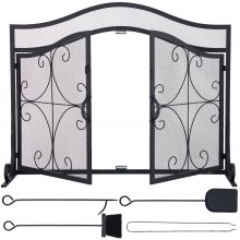 VEVOR Fireplace Screen, 39 x 26.6 Inch, Double Door Iron Freestanding Spark Guard with Support, Metal Mesh Craft, Broom Tong Shovel Poker Included for Fireplace Decoration & Protection, Black