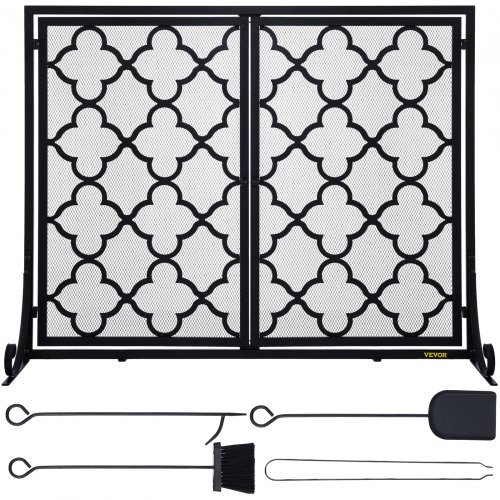 VEVOR Fireplace Screen, 39 x 31 Inch, Double Door Iron Freestanding Spark Guard with Support, Metal Mesh Craft, Broom Tong Shovel Poker Included for Fireplace Decoration & Protection, Black