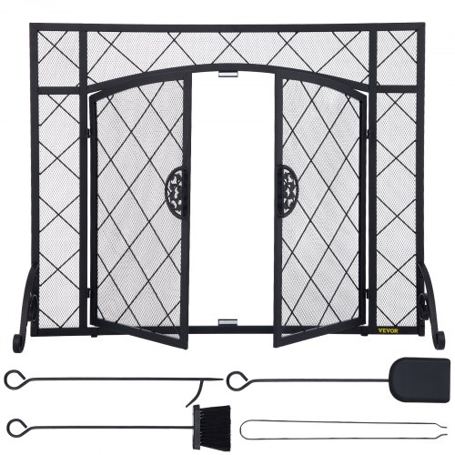 VEVOR Fireplace Screen, 39 x 31.5 Inch, Double Door Iron Freestanding Spark Guard with Support, Metal Mesh Craft, Broom Tong Shovel Poker Included for Fireplace Decoration & Protection, Black
