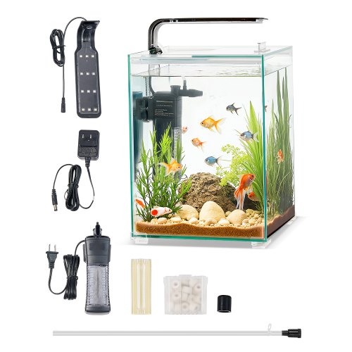 

VEVOR Fish Tank Aquarium, 5 Gallon Square Ultra-Clear Glass Starter Smart Tank Adjustable 3 Color Lighting, Self Cleaning System Fishbowl for Freshwater & Saltwater Fish Home, Office, or Pet Use