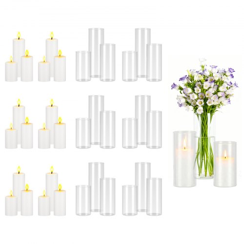 

VEVOR Pillar Candles and Glass Vases Set 36 Pcs, Clear Cylinder Hurricane Candle Holders for Wedding Centerpieces, Tall Vase for Table Decor, Wedding Party, Thanksgiving,White (2.56" x 4.7",5.9",7.9")