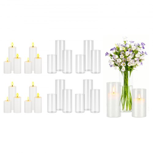 

VEVOR Pillar Candles and Glass Vases Set 24 Pcs, Clear Cylinder Hurricane Candle Holders for Wedding Centerpieces, Tall Vase for Table Decor, Wedding Party, Thanksgiving,White (2.56" x 4.7",5.9",7.9")