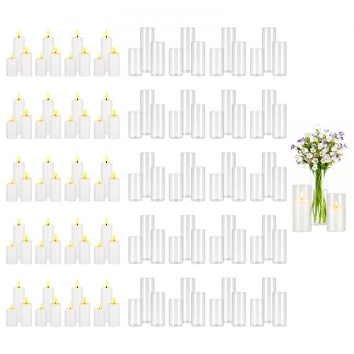 

VEVOR Pillar Candles and Glass Vases Set 120 Pcs, Clear Cylinder Hurricane Candle Holders for Wedding Centerpieces, Tall Vase for Table Decor, Wedding Party,Thanksgiving,White (2.56" x 4.7",5.9",7.9")