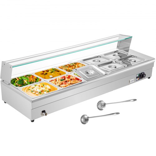 VEVOR 110V Bain Marie Food Warmer 10 Pan x 1/2 GN，Food Grade Stainelss Steel Commercial Food Steam Table 6-Inch Deep, 1500W Electric Countertop Food Warmer 110 Quart with Tempered Glass Shield