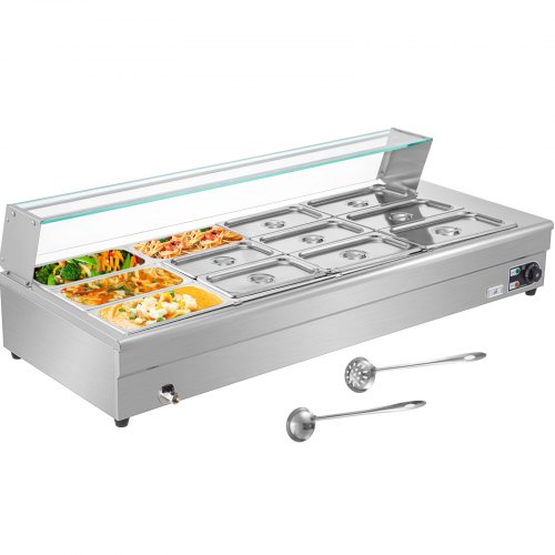 

VEVOR 110V Bain Marie Food Warmer 12 Pan x 1/3 GN, Food Grade Stainelss Steel Commercial Food Steam Table 6-Inch Deep, 1500W Electric Countertop Food Warmer 84 Quart with Tempered Glass Shield