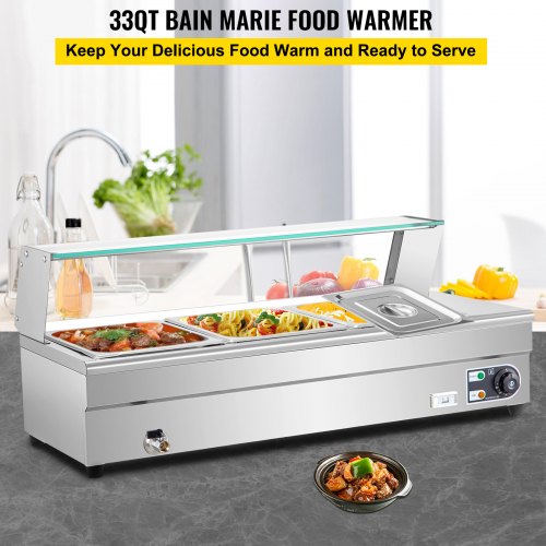 VEVOR Commercial Food Warmer Bain Marie Steam Table Countertop 3-Pan Station 