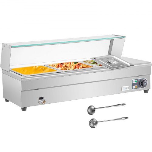 VEVOR 110V Bain Marie Food Warmer 3 Pan x 1/2 GN, Food Grade Stainelss Steel Commercial Food Steam Table 6-Inch Deep, 1500W Electric Countertop Food Warmer 33 Quart with Tempered Glass Shield