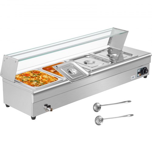 VEVOR 110V Bain Marie Food Warmer 4 Pan x 1/2 GN, Food Grade Stainelss Steel Commercial Food Steam Table 6-Inch Deep, 1500W Electric Countertop Food Warmer 44 Quart with Tempered Glass Shield