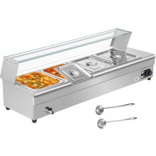 VEVOR Commercial Food Warmer, 4 x 1/2 Pans, 44 Qt Electric Bain Marie with 6" Deep Pans, Stainless Steel Steam Table with Tempered Glass Shield, 1500W Countertop Buffet Warmer with Lids & Ladles, 110V