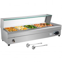 Bain Marie Food Warmer, Commercial Food Steam Table, 5 Pans, with Glass Shield