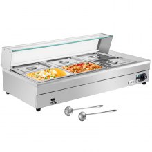 VEVOR 6-Pan Bain Marie Food Warmer 6-Inch Deep, 110V Food Grade Stainelss Steel Commercial Food Steam Table, 1500W Electric Countertop Food Warmer 66 Quart with Tempered Glass Shield'