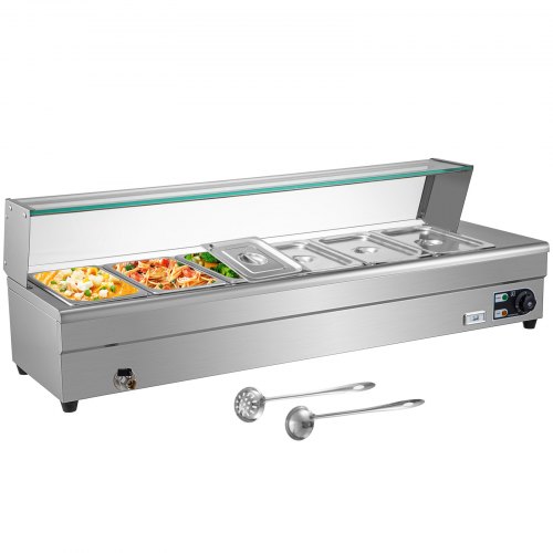 VEVOR 6-Pan Bain Marie Food Warmer 6-Inch Deep, 110V Food Grade Stainelss Steel Commercial Food Steam Table, 1500W Electric Countertop Food Warmer 42 Quart with Tempered Glass Shield