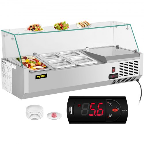 VEVOR 40" Countertop Refrigerated Salad Pizza Prep Station with Glass Shield 5 Pans