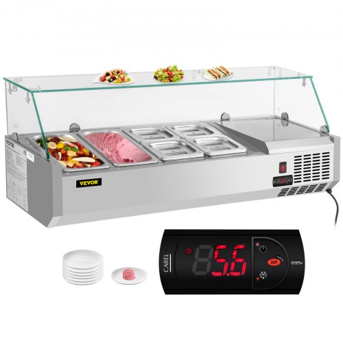 

VEVOR Refrigerated Condiment Prep Station, 48-Inch, 10.8Qt Sandwich Prep Table w/ 2 1/3 Pans & 4 1/6 Pans, 146W Salad Bar w/ 304 Stainless Body Tempered Glass Shield Digital Temp Display Auto Defrost