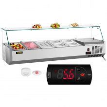 VEVOR Refrigerated Condiment Prep Station, 55-Inch, 13.8Qt Sandwich Prep Table w/ 3 1/3 Pans & 4 1/6 Pans, 150W Salad Bar w/ 304 Stainless Body Tempered Glass Shield Digital Temp Display Auto Defrost
