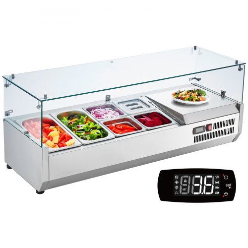 

VEVOR Refrigerated Condiment Prep Station, 135 W Countertop Refrigerated Condiment Station, with 2 1/3 Pans & 4 1/6 Pans, 304 Stainless Body and PC Lid, Sandwich Prep Table with Glass Guard, ETL