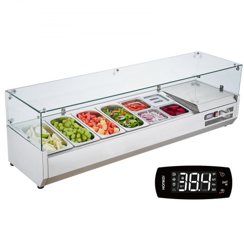 

VEVOR Refrigerated Condiment Prep Station, 150 W Countertop Refrigerated Condiment Station, with 4 1/3 Pans & 4 1/6 Pans, 304 Stainless Body and PC Lid, Sandwich Prep Table with Glass Guard, ETL