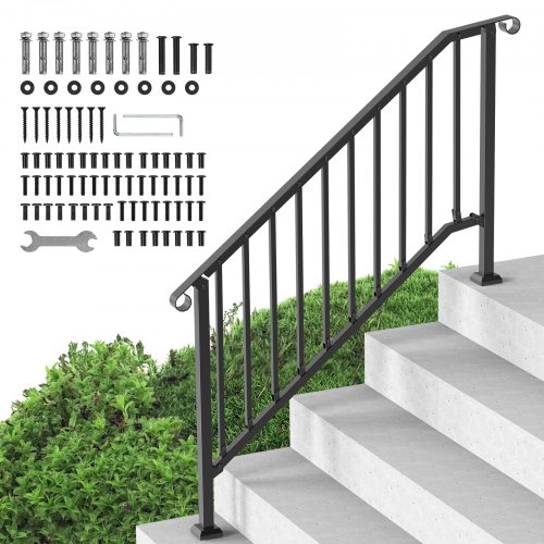 Vevor Handrails For Outdoor Steps, 5 Step Stair Hand Rail Kit, Transitional Carbon Steel Railings With Installation Kit, Stair Rails For Seniors, Conc-image