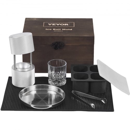 

VEVOR Ice Ball Press Kit, Aircraft Al Alloy Ice Press with Ice Block Mold, Large Mat, Tong, Drip Tray, One Glass, Round Ice Ball Maker 2.4"/60 mm Ice Sphere, for Whiskey, Cocktail on Party & Holiday