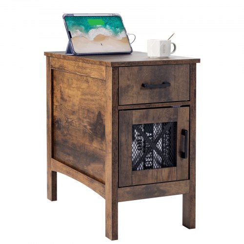 

VEVOR Farmhouse End Table, Nightstand with Charging Station, 3 Tiers End Table with Storage Cabinet and 1 Drawer, Side Table with USB Ports and Outlets, Coffee Table Ideal for Living Room, Bedroom, Natural