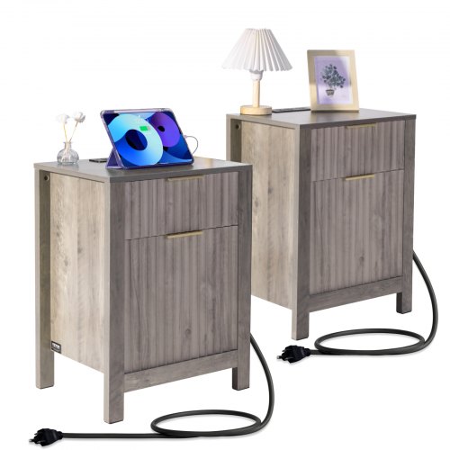 

VEVOR Farmhouse End Table, Set of 2, Square Night Stand with USB Ports and Outlets, 3 Tiers End Table Side Table with Storage Cabinet and 2 Drawers, Ideal for Living Room, Bedroom, Office, Gray