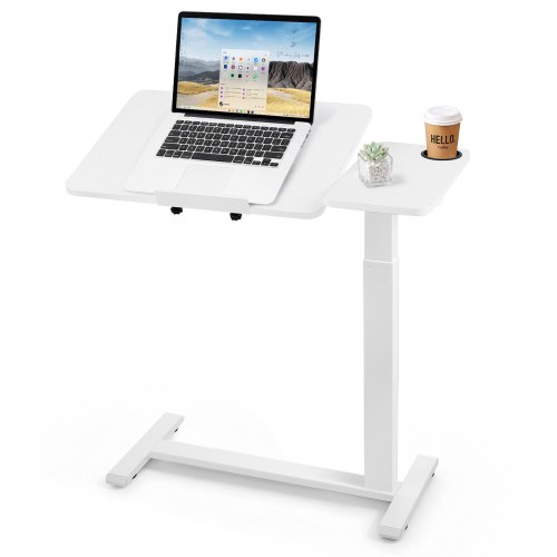 VEVOR Overbed Table 31.5"W x 15.7"D Mobile Bedside Table with Wheels White, for Home Office Bed Couch, Height Adjustable Rolling Laptop Desk, Portable Standing Cart with Tilting Desktop & Cup Holder