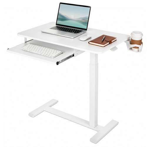 Vevor Overbed Table 31.5"W x 17.7"D Mobile Bedside Table with Hidden Wheels, for Home Office Bed Couch, Height Adjustable Rolling Laptop Desk, Standing Cart with Keyboard Tray and Cup Holder, White