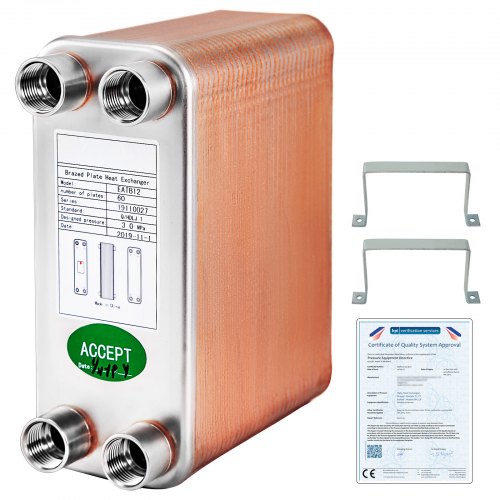 BestEquip Heat Exchanger 3"x7.5" 60 Plates Brazed Plate Heat Exchanger 316L 1/2" BSP FPT Heat Exchanger